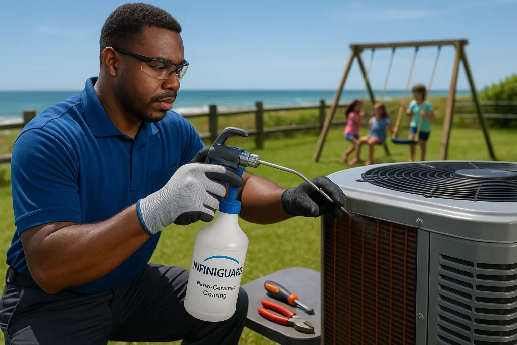 Technician applying nano-ceramic coating to coastal condenser unit