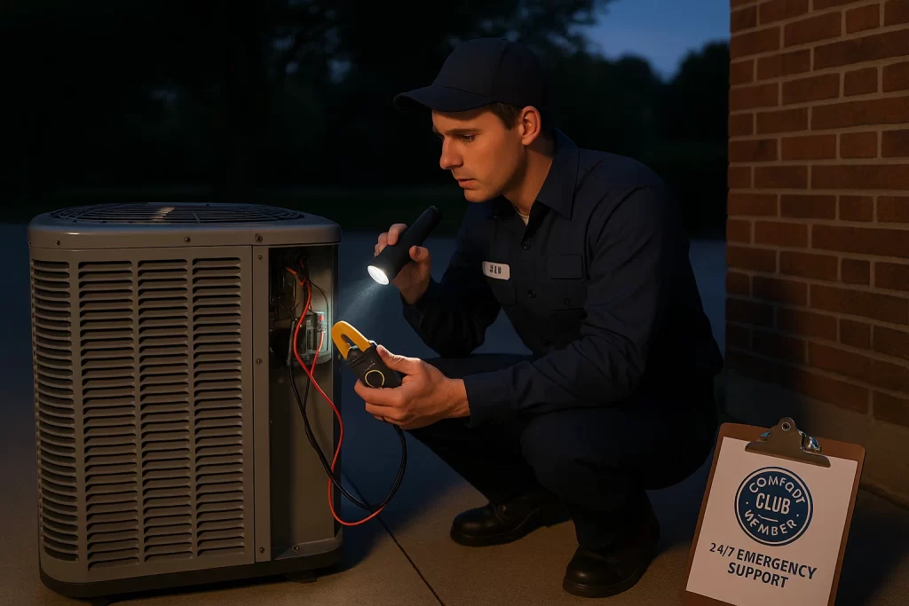Technician diagnosing AC fault at night for Comfort Club member