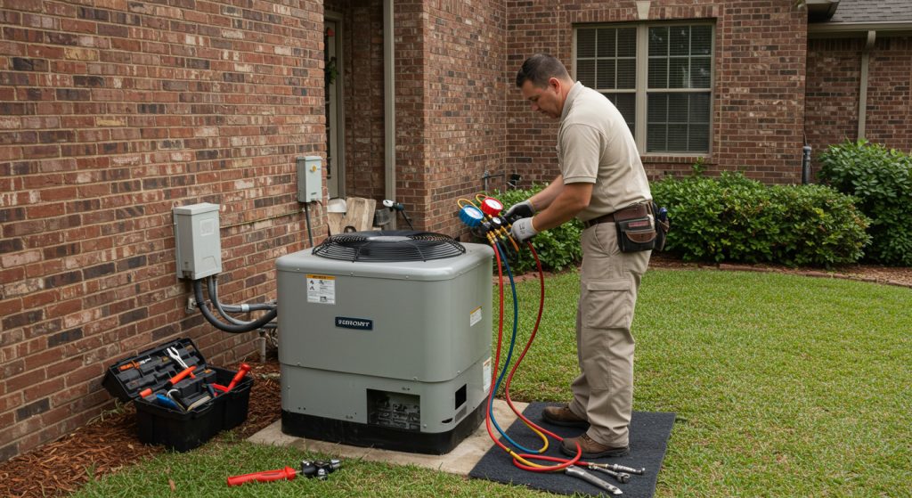 HVAC technician installing residential heat pump system in Houston home backyard.