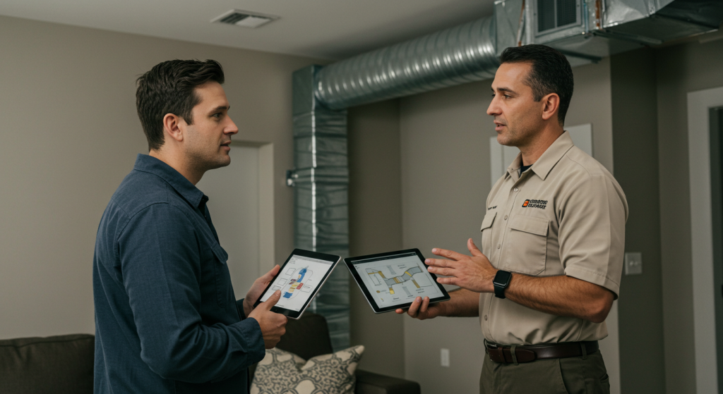 Homeowner consulting with HVAC technician about duct repair in modern living room.