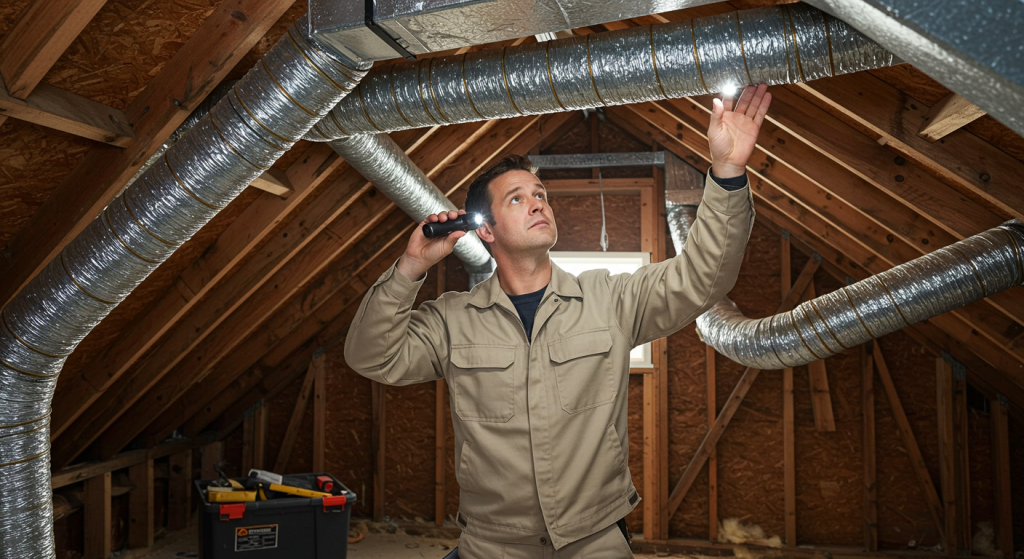 HVAC technician inspecting attic ductwork to improve energy efficiency in residential home.