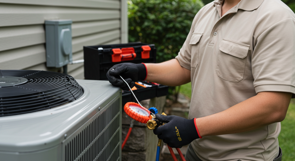 HVAC technician performing heat pump tune-up with digital manifold gauge outside residential home.