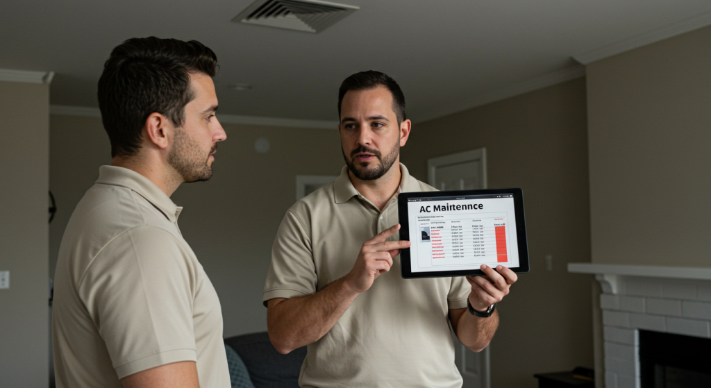 Homeowner consulting with HVAC technician about AC maintenance costs in modern living room.
