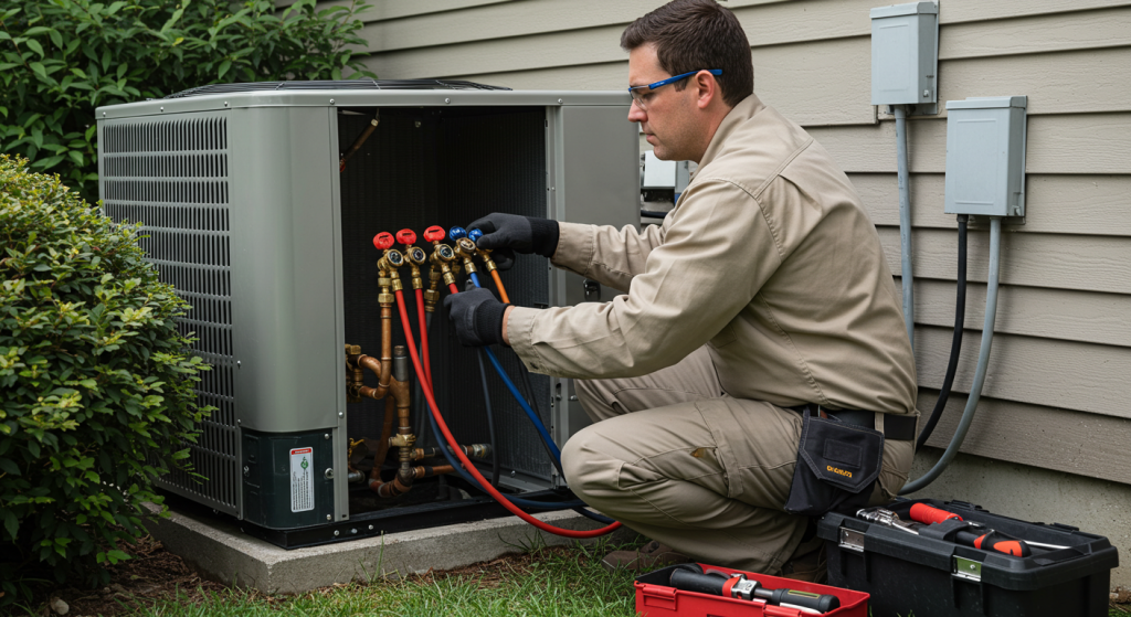 HVAC technician installing air source heat pump outside residential home.