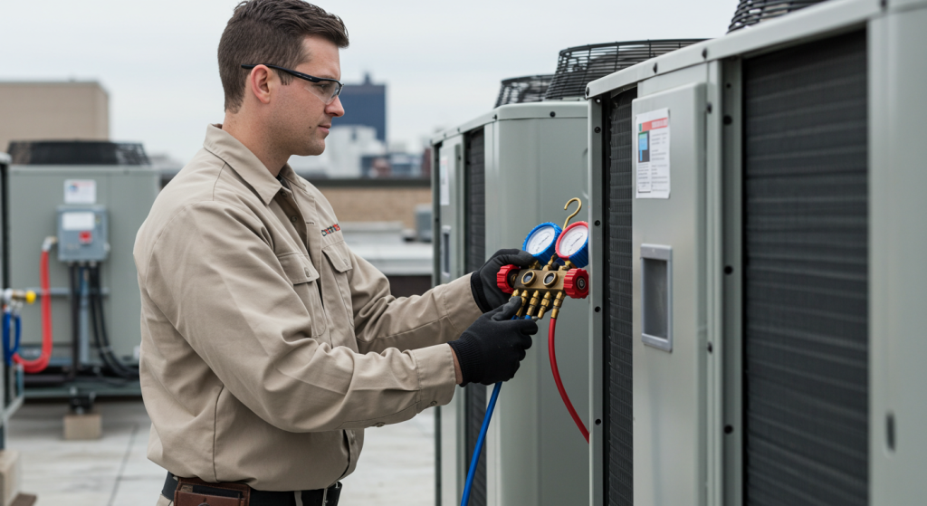 HVAC technician performing maintenance on rooftop commercial HVAC unit.