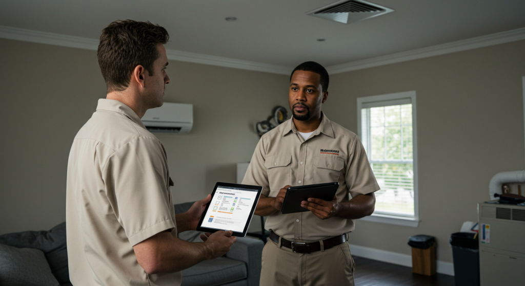 Homeowner consulting with HVAC technician about AC maintenance in modern living room.