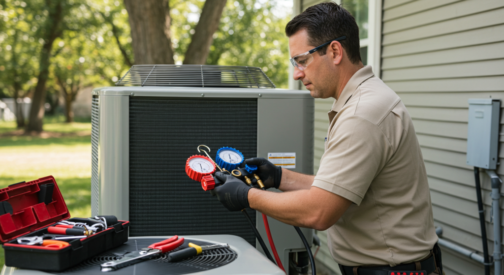 HVAC technician inspecting outdoor heat pump unit for maintenance signs outside residential home.