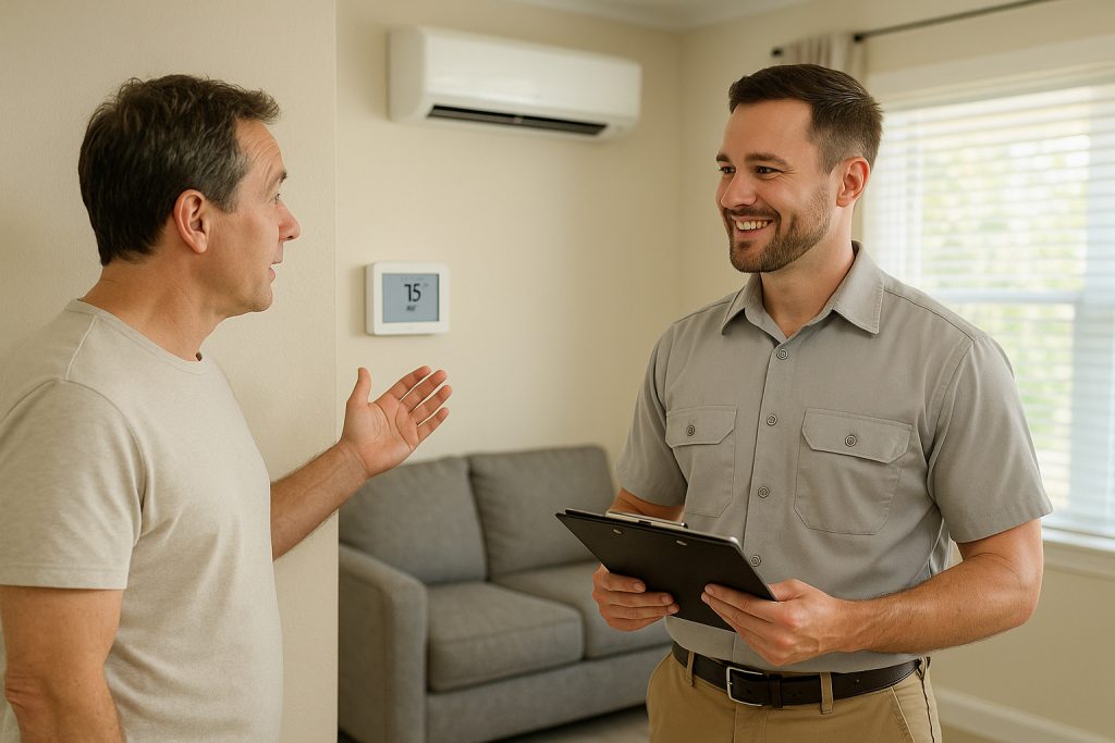 Homeowner and technician reviewing thermostat settings in a Florida home