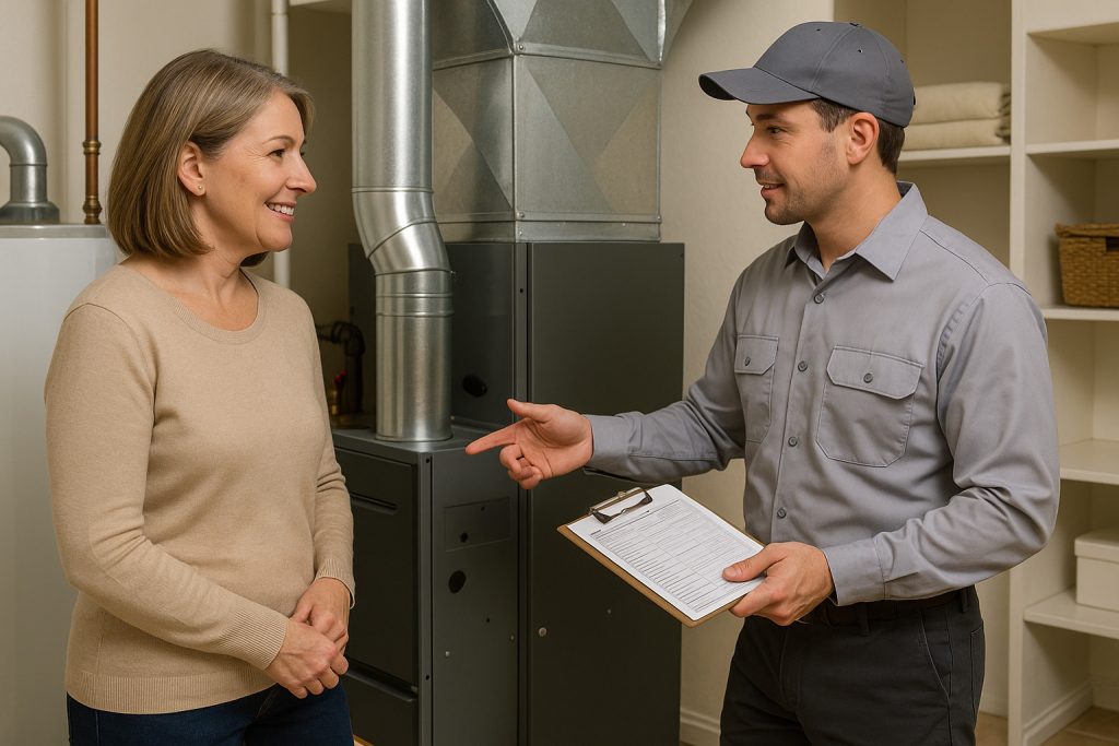 Homeowner discussing furnace tune-up costs with technician