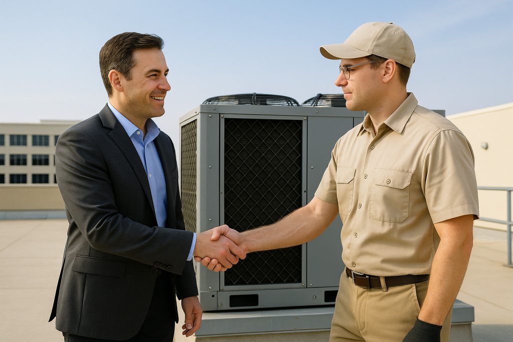 Facility manager greeting commercial HVAC technician on rooftop