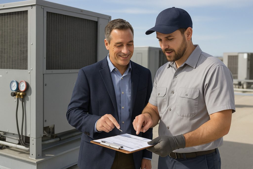 acility manager and technician reviewing maintenance report on rooftop