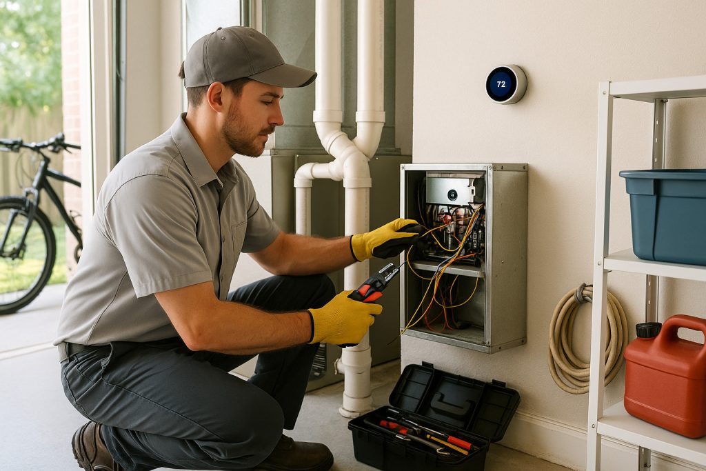 HVAC technician wiring a smart thermostat in a Florida garage with proper tools
