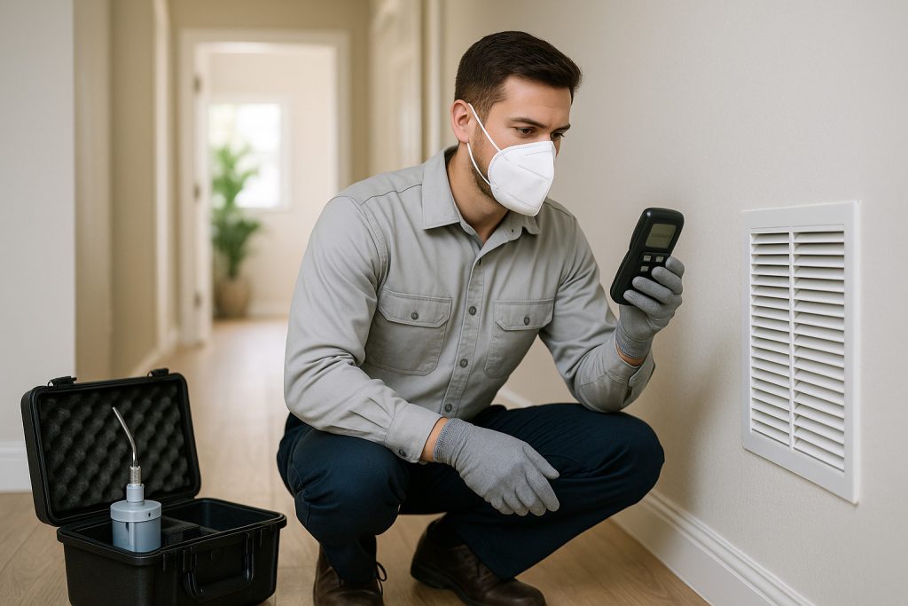 Technician testing indoor air quality with professional tools near HVAC vent