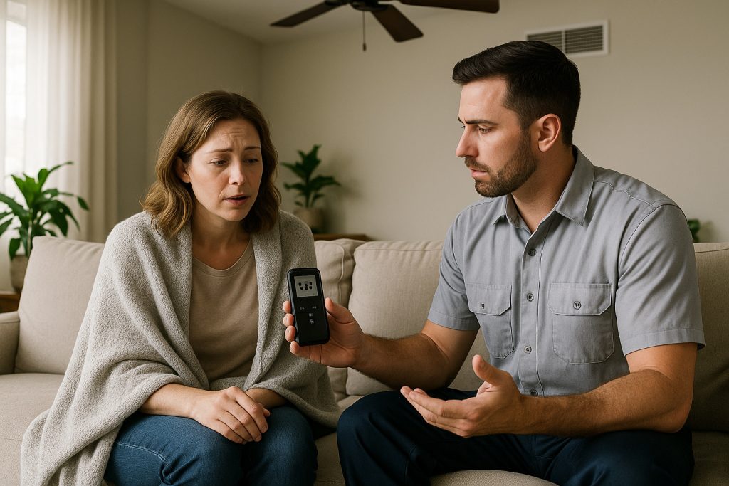 Florida homeowner learning about health effects of poor indoor air quality from technician