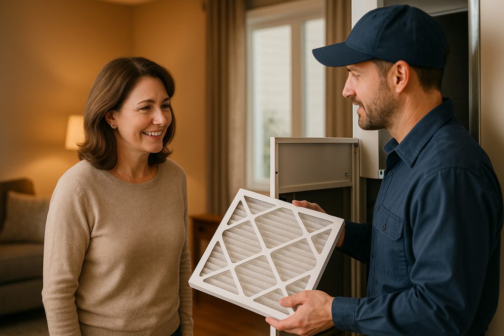 Homeowner and technician inspecting furnace filter